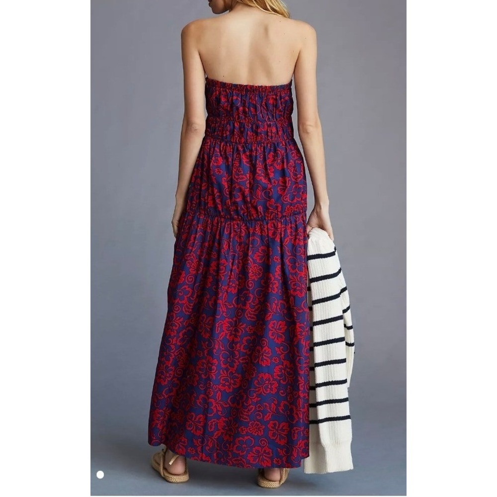 Anthro Sundry Aloha Floral Strapless Maxi Dress Navy Red Smock Tier Cotton Sz M - Picture 2 of 8